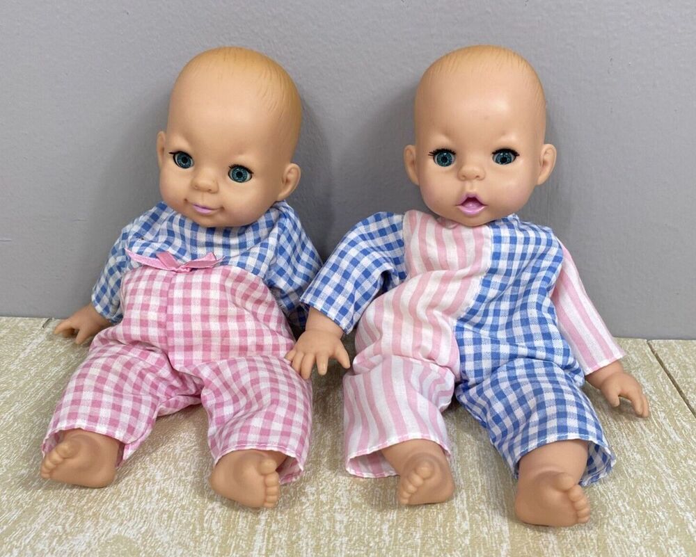 Vintage 1995 T.T. 8" Twin Baby Dolls with Checkered Clothes
